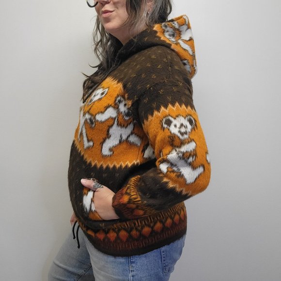 GRATEFUL DEAD Bears Fuzzy Wool/Cotton Zip Hoodie Sweater Brown Orange Unisex S - Picture 6 of 11